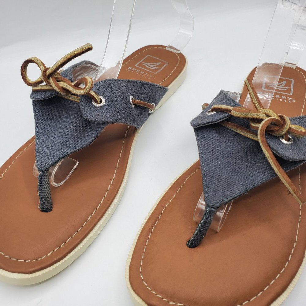 VINTAGE SPERRY TOP-SIDER CANVAS with LEATHER SHOE LACE TOP THONG SANDALS - Picture 6 of 7